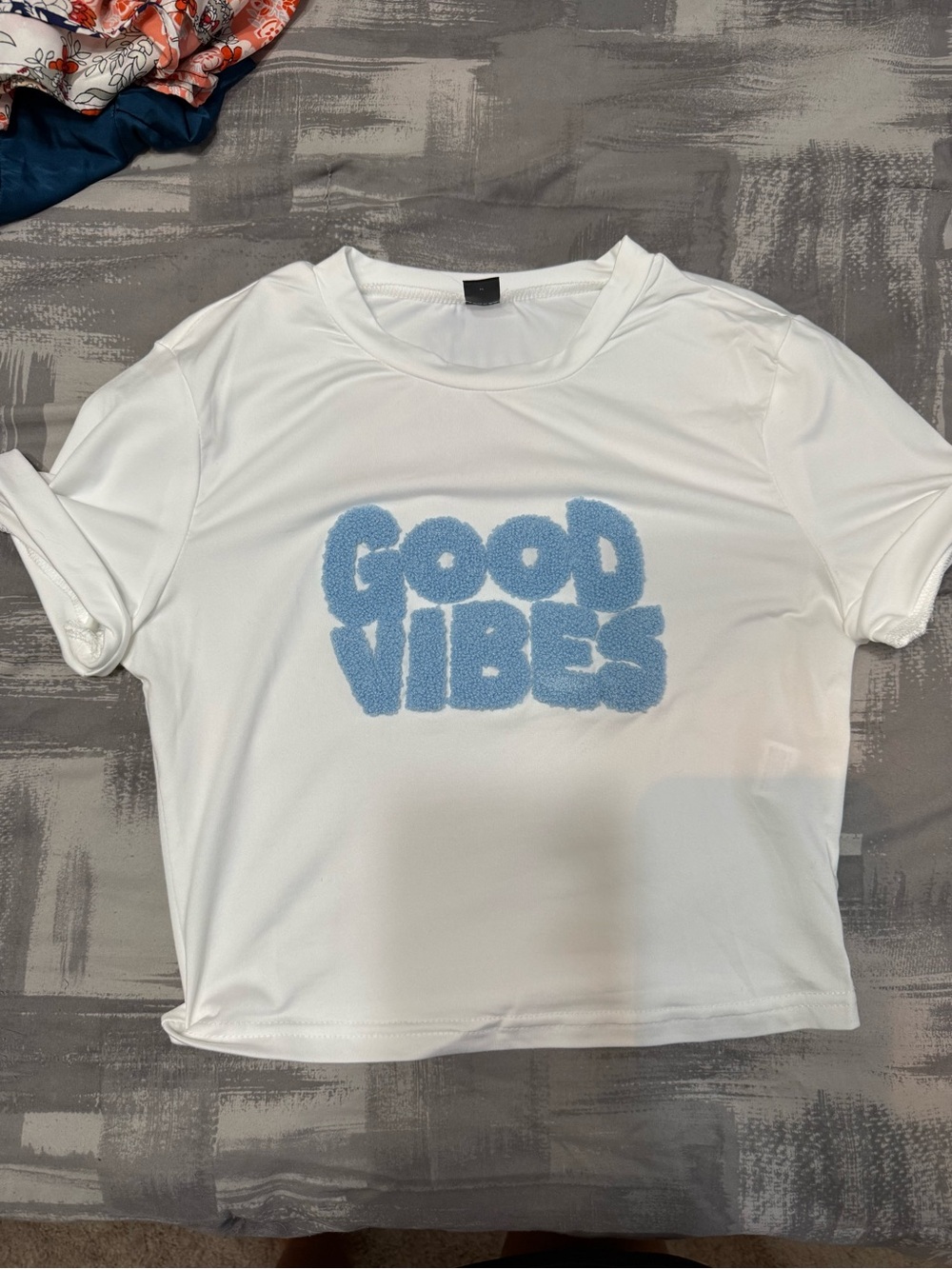 SHEIN White Crop Top with Blue Chenille 'Good Vibes'